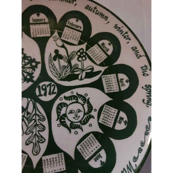 Vintage 1972 Calendar Collectors Plate Mount Clemens USA 10 1/4" Green & White - Picture 3 of 6
